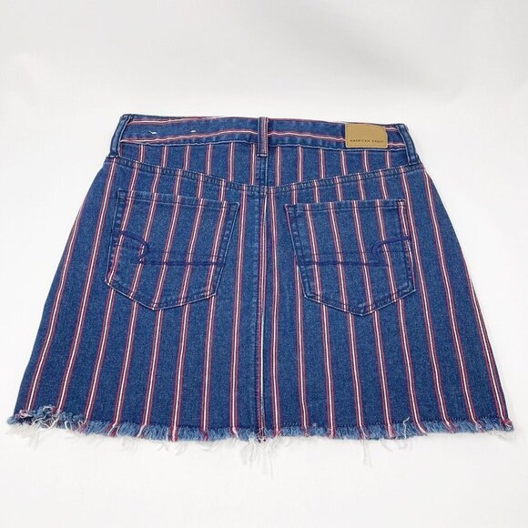 American Eagle Denim Jean Mini Skirt Womens Size 4 Red Blue Stripe High Rise - Picture 4 of 9